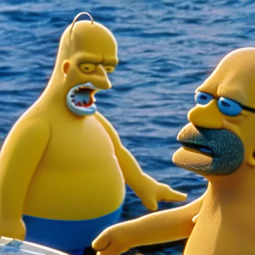 Image similar to A movie still of Homer Simpson in Jaws (1975), 4k, 35mm, promo shoot, award winning