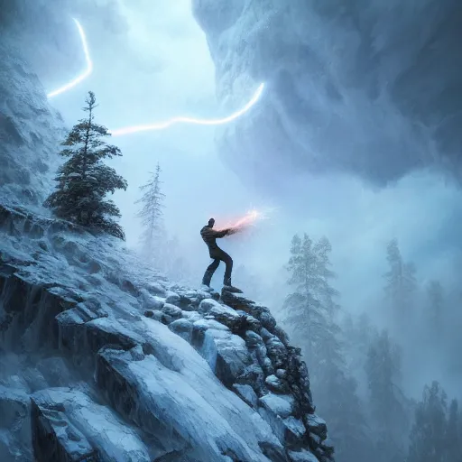 Prompt: climber, extreme cold, storm, octane rendering, volumetric lightning, hyperrealism, no blur, 4 k resolution, ultra detailed, style of ivan shishkin, tyler edlin, anato finnstark