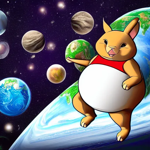 Image similar to big chungus in space next to the planet Earth, digital art, highly-detailed