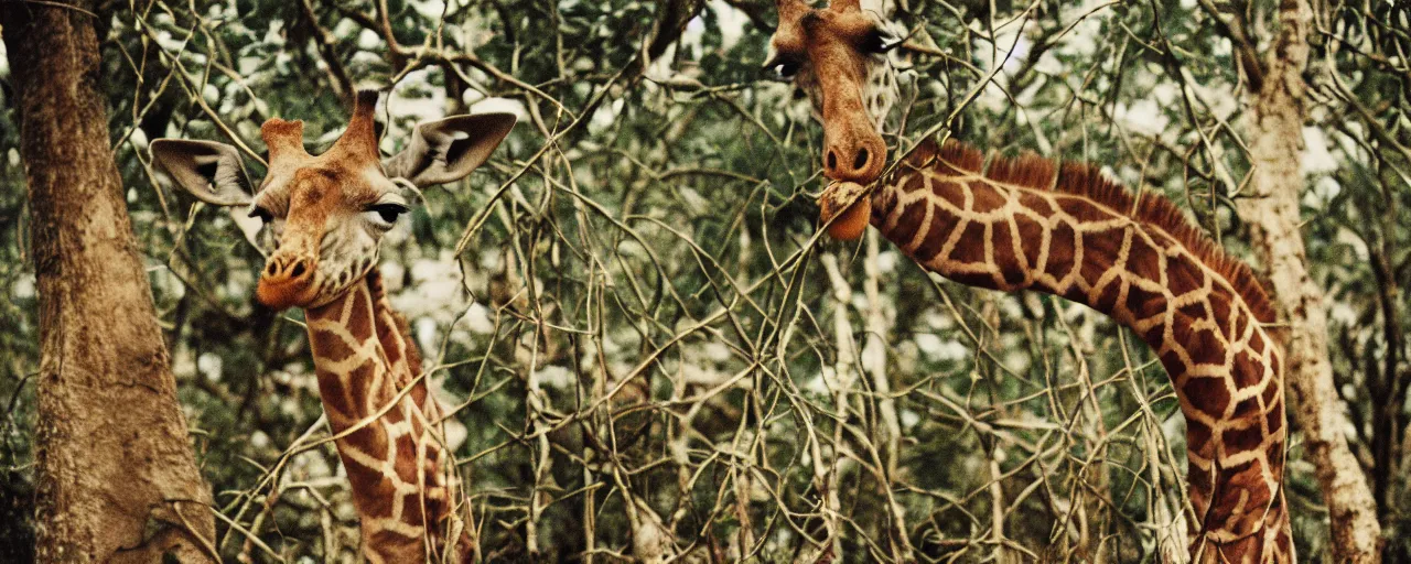 Image similar to a giraffe ( only 1 ) eating spaghetti off a tree, in the style of national geographic, canon 5 0 mm, kodachrome, retro, muted, visual noise