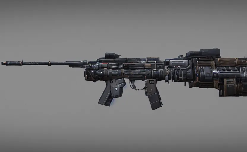 Image similar to extremely detailed side view of a sci fi rifle, chemically propelled, railgun, bullpup, with tubes and wiring, ultra quality, realistic, octane render, call of duty, warframe, deviantart