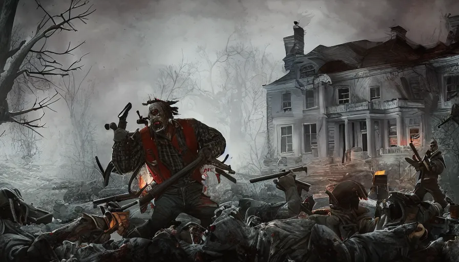 Image similar to lumberjack shooting at dark skinny zombies with shotgun in destroyed white house in washington dc, hyperdetailed, artstation, cgsociety, 8 k