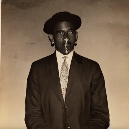 Image similar to vintage photo of a black man wearing a black suit in rio de janeiro