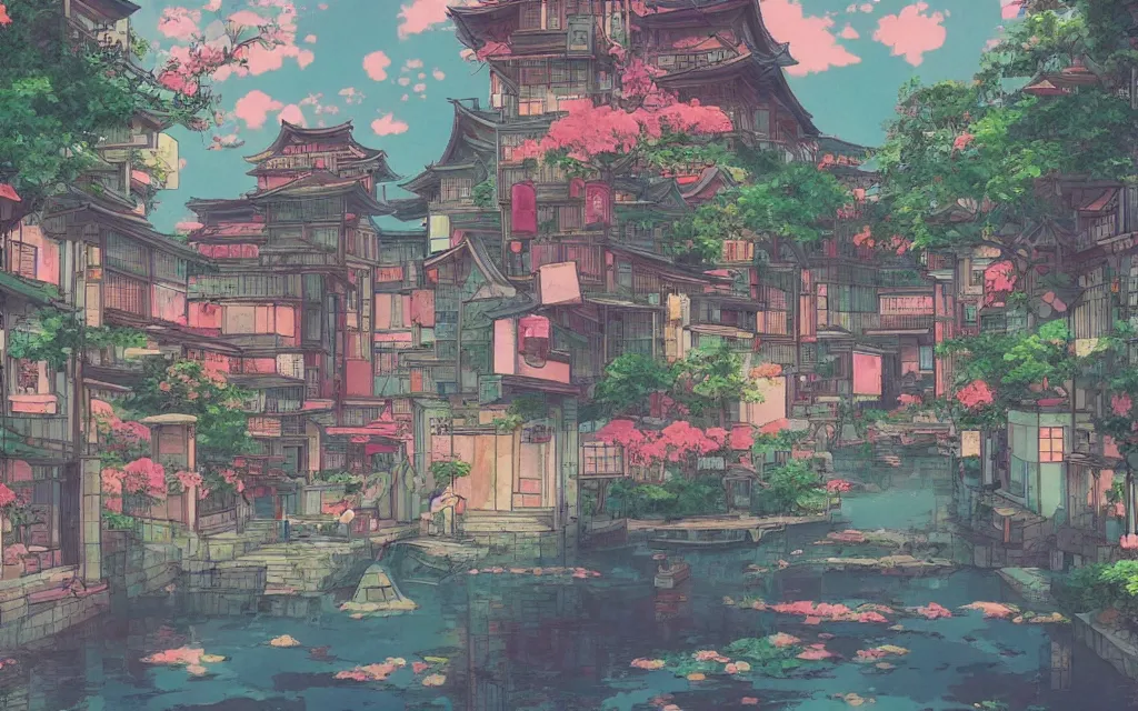 Image similar to a japanese city near the sea, lofi, dreamy, moody, very colorful, anime inspiration, ghibli vibe