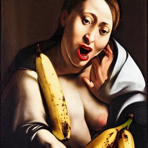 Prompt: woman eating a banana in style of caravaggio