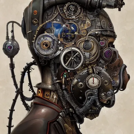 Prompt: portrait painting of a steampunk cyborg doctor, transhumanism, ultra realistic, concept art, studio ghibli, intricate details, eerie highly detailed