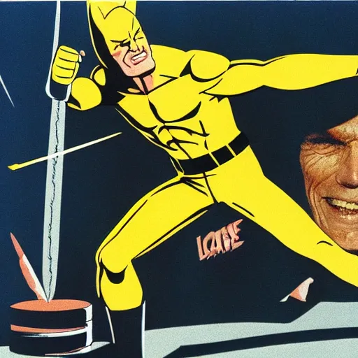 Image similar to 8 0 s, vhs, vintage movie, grain, clint eastwood as wolverine in blue and yellow costume,