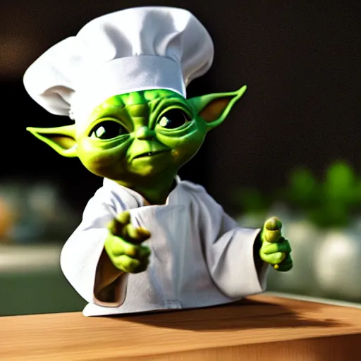 Image similar to curious innocent tiny baby yoda as chef wearing white chefs hat and white apron and giving thumbs up, vegetables, photography, hyperrealism, unreal engine, octane 3 d render, houdini, unity 3 d, highres, adobe premier pro, trending on artstation, trending on deviantart