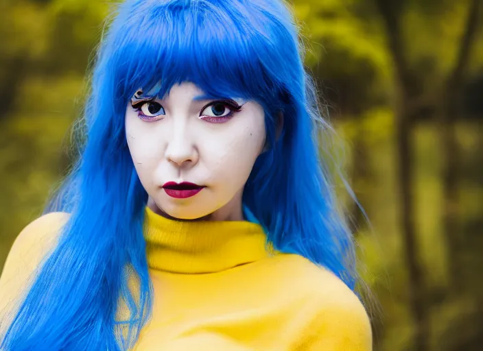 Image similar to dslr portrait photo still of rimuru tempest with blue hair and yellow!!! eyes!!!, 8 k, 8 5 mm f 1. 8