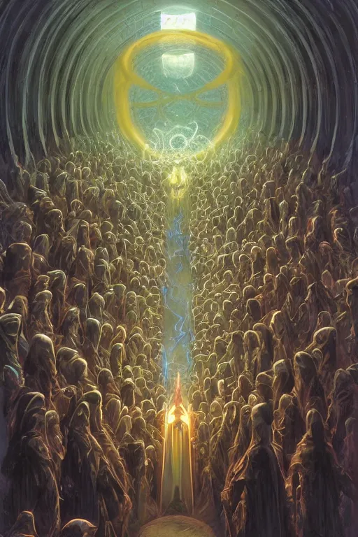 Prompt: a quantum computer surrounded by a dark cabal of hooded elven mystics with long robes gathered in a circular formation, michael whelan, dan seagrave, boris vallejo