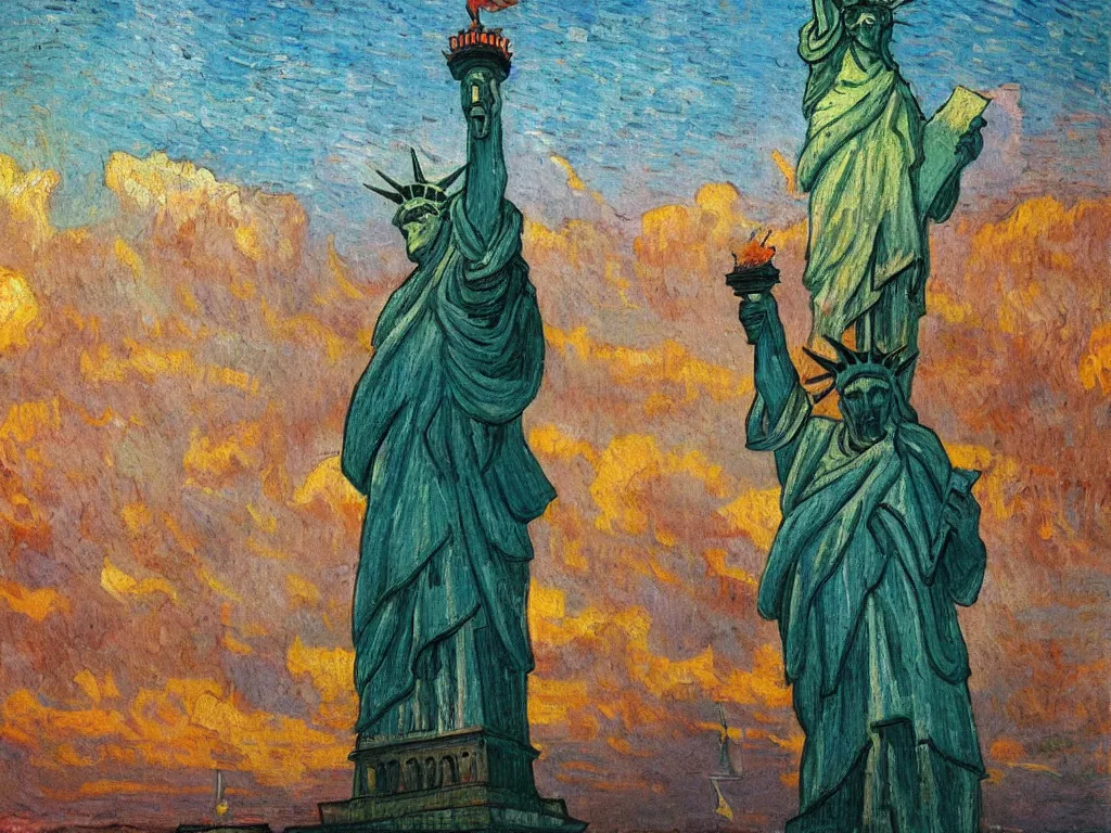 Prompt: bright beautiful oil painting of charlton heston on a beach with a ruined statue of liberty, light scatter, van gogh