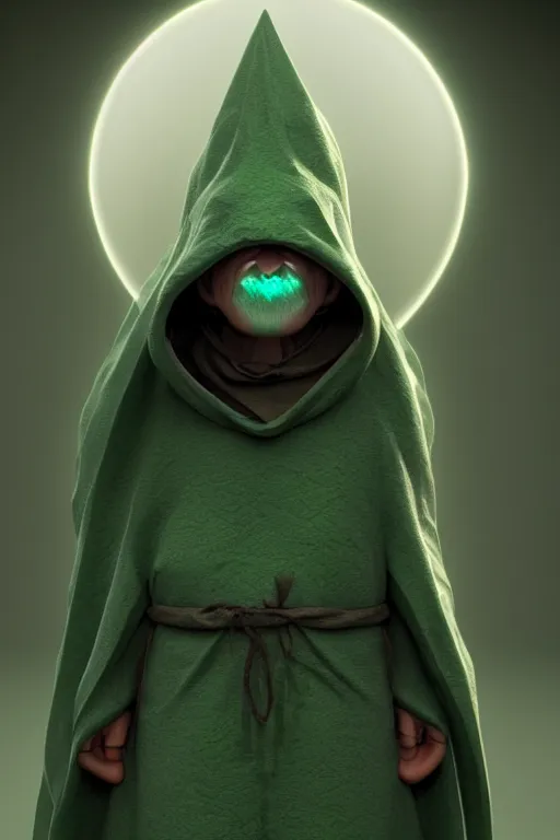 Image similar to A cute shaman with no nose, glowing eyes and a very long hooded dark green cloak of leaves by Julien Kaspar, 3D render, stylized, Cycles Render