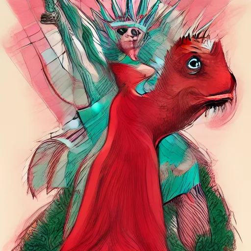 Image similar to lady gaga dressed as Lady Liberty sitting on top of a red dragon, illustration concept art in the style of Arthur Adams