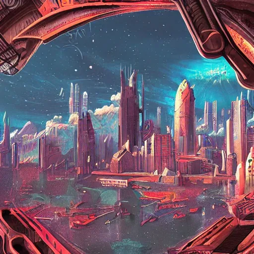 Prompt: vintage poster of a city on a futuristic alien planet, highly detailed, digital painting, concept art, illustration, - h 7 6 8