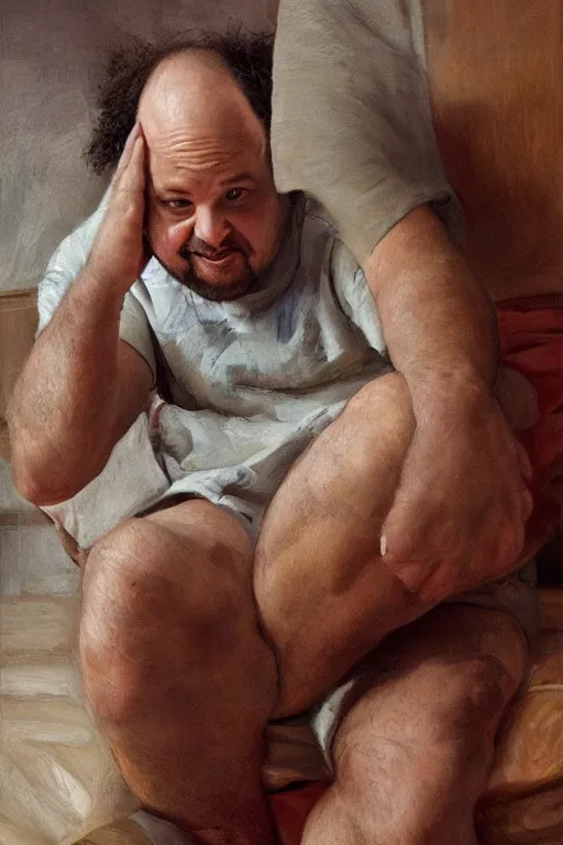 Image similar to jason alexander stubbing his toe, oil on canvas, intricate, portrait, 8 k highly professionally detailed, hdr, cgsociety