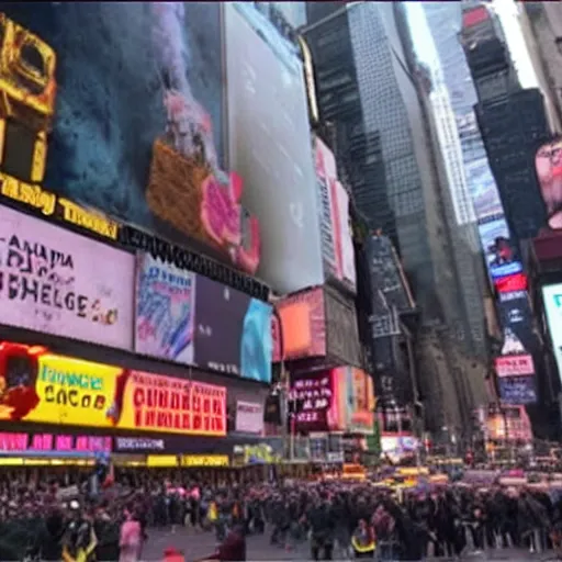 Image similar to news footage of the great hamburger meteor crash site in Times Square, high resolution photo
