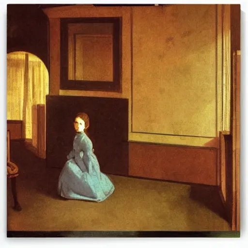 Image similar to a girl in a gold haunted liminal room, digital painting by goya and balthus, colors by pontormo, lights by hopper, extreme detail, liminal aesthetic, background art nouveau