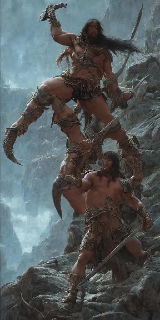 Prompt: conan the barbarian, masterpiece by Edgar Maxence and Ross Tran and Michael Whelan, gustav dore, 8k, octane render