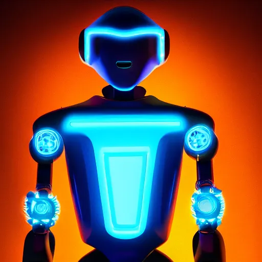 Image similar to portrait of a faceless robot,, neon highlights, dark, blue glowing background lighting, hyper detailed, science fiction, 4 k octane render