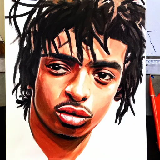 Prompt: oil painting sketch of a Playboi Carti in the style of syd mead and john william waterhouse