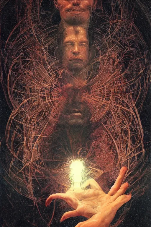 Prompt: psychedelic portrait of magician casting dark disk, very very intricate, very very elegant, highly detailed, lifelike, photorealistic, digital painting, artstation, illustration, concept art, smooth, HR GIGER , Hieronymous Bosch, Francis Bacon sharp focus, art by Greg Rutkowski and John Collier and Albert Aublet and Krenz Cushart and Artem Demura and Alphonse Mucha