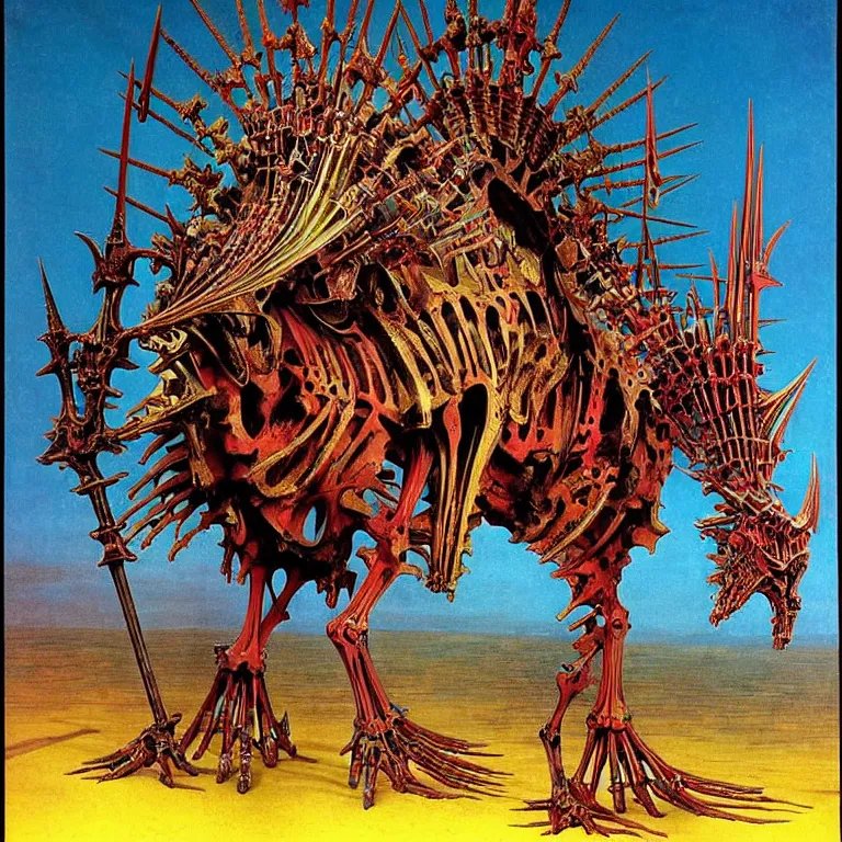Prompt: Colorful, vivid, vibrant. A spiked detailed horse skeleton with armored joints stands in a large cavernous throne room with halberd in hand. Massive shoulderplates. Extremely high details, realistic, fantasy art, solo, masterpiece, bones, ripped flesh, art by Zdzisław Beksiński, Arthur Rackham, Dariusz Zawadzki, Harry Clarke