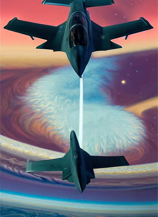 Image similar to poster artwork by michael whelan and tomer hanuka, a portrait, f 3 5 jets dogfighting in the clouds of jupiter, clean