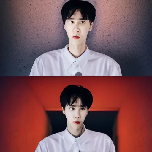 Image similar to a cosmic horror visual exploration of kim doyoung of nct spying on his estranged wife, vignette, dramatic lighting, highly detailed