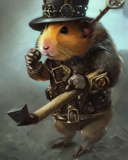 Prompt: oil painting of anthropomorphized hamster holding pickaxe, steampunk clothes, close shot, full body, dark steampunk mine shaft background, sharp focus, fantasy style, octane render, volumetric lighting, 8k high definition, by greg rutkowski, highly detailed, trending on art Station, dungeons and dragons artwork, centered