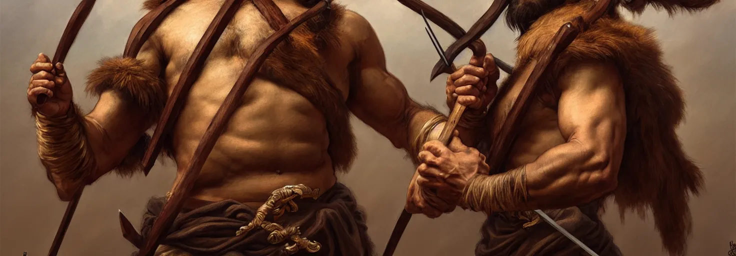 Prompt: renaissance upper body portrait of a gruff ranger with a spear, varied ethnicity, lean and toned, handsome face, hairy chest, D&D, intricate, elegant, highly detailed, digital painting, artstation, concept art, matte, sharp focus, illustration, art by da Vinci, Artgerm and Greg Rutkowski and Alphonse Mucha