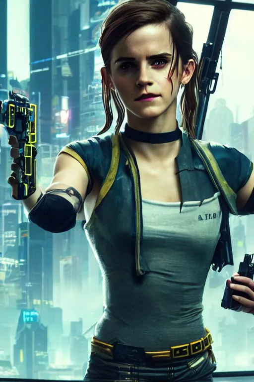 Image similar to A film still of emma watson as a character in cyberpunk 2077, highly detailed, digital painting, artstation, concept art, sharp focus, illustration, cinematic lighting, art by artgerm and greg rutkowski and alphonse mucha diffuse lighting, fantasy, intricate, elegant, highly detailed, lifelike, photorealistic, digital painting, artstation, illustration, concept art, smooth, sharp focus, art by John Collier and Albert Aublet and Krenz Cushart and Artem Demura and Alphonse Mucha