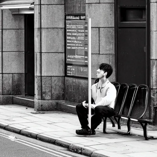 Image similar to a young man waiting at the bus stop in ireland, digital art