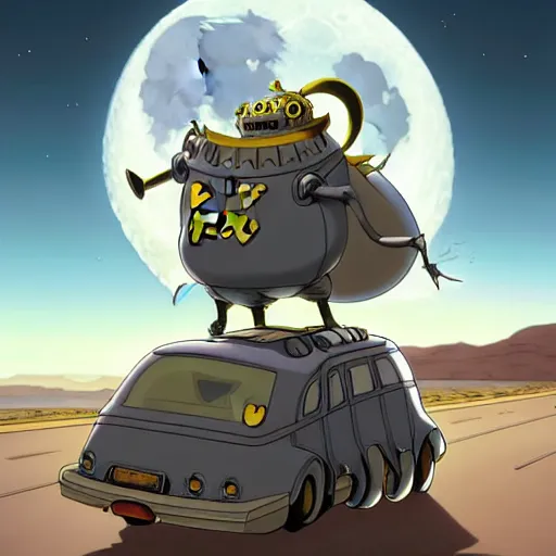 Image similar to a cell shaded cartoon grey lovecraftian mechanized pikachu demon from howl's moving castle ( 2 0 0 4 ), with a big head, on a desert road, wide shot, in front of a big moon, muted colors, post grunge, josan gonzales, wlop, by james jean, victor ngai, hq, deviantart, art by artgem