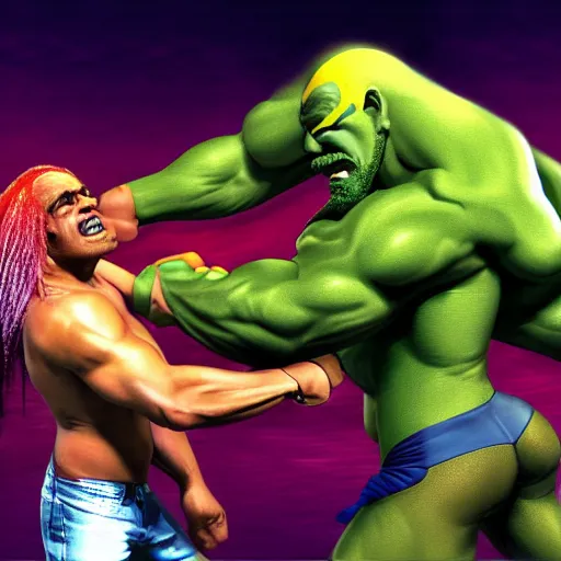 Image similar to Xavier Renegade Angel wrestling Hulk Hogan at Madison Square Garden, hyperrealistic, photorealistic, hdr, 4k, ultra hd, highly detailed, cinematic lighting