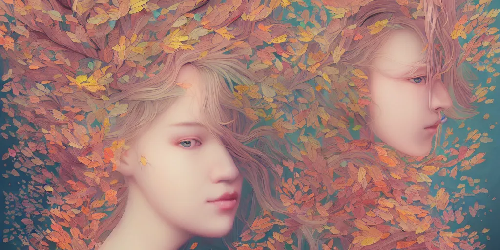 Prompt: breathtaking detailed concept art painting pattern pastel colors of blonde hair faces goddesses amalgamation autumn leaves, by hsiao - ron cheng, bizarre compositions, exquisite detail, 8 k