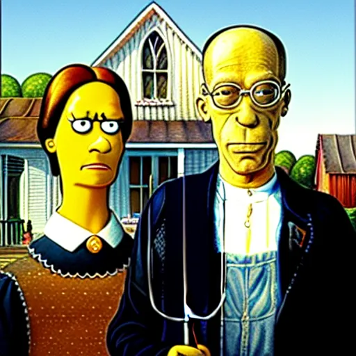 Image similar to the simpsons in the style of American Gothic, detailed painting