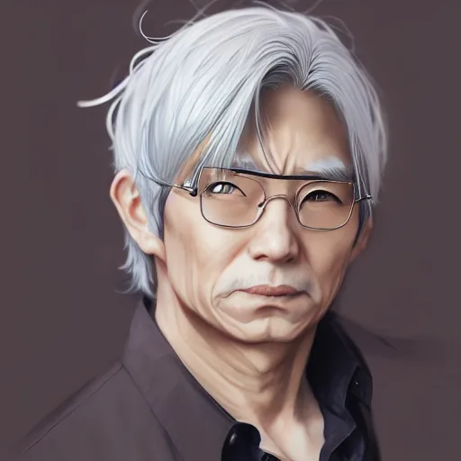 Image similar to anime portrait of a middle aged man, silver hair by Stanley Artgerm Lau, WLOP, Rossdraws, James Jean, Andrei Riabovitchev, Marc Simonetti, and Sakimichan, trending on artstation