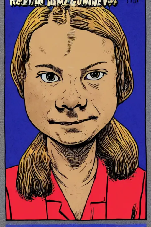 Image similar to greta thunberg as a cute robert crumb cartoon, head and shoulders
