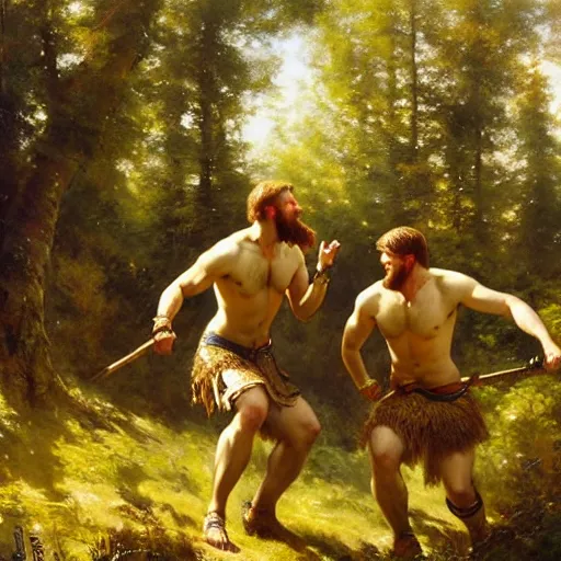 Image similar to 2 attractive male vikings frolicking in the forest. highly detailed painting by gaston bussiere, craig mullins, j. c. leyendecker, 8 k