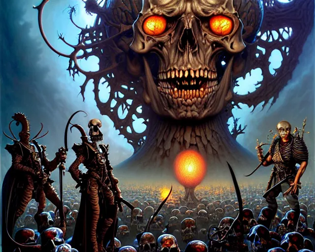 Prompt: the army of darkness and skulls, fantasy character portrait made of fractals facing each other, ultra realistic, wide angle, intricate details, the fifth element artifacts, highly detailed by peter mohrbacher, hajime sorayama, wayne barlowe, boris vallejo, aaron horkey, gaston bussiere, craig mullins