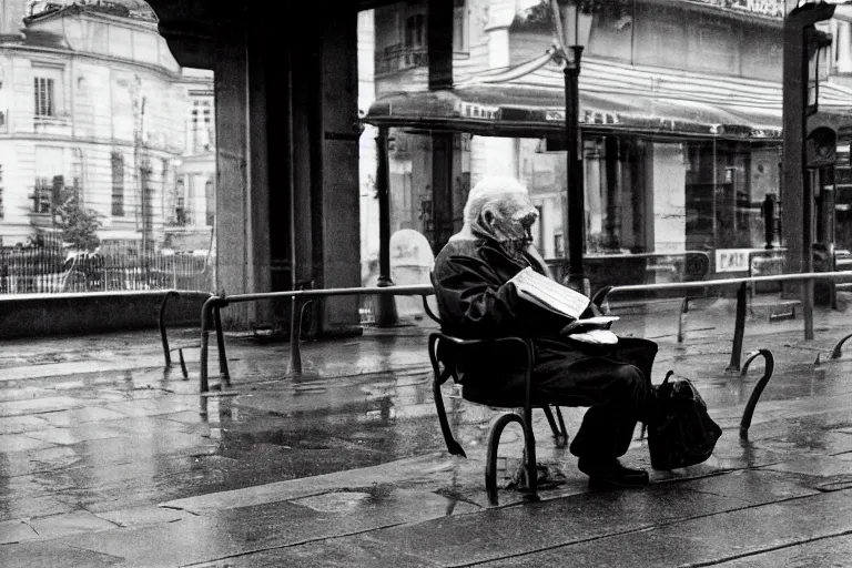 Image similar to a photojournalism photograph of an old man sat at the bus stop reading the newspaper, on a french parisian street in the morning on a rainy day, by henri cartier bresson, cinematic, beautiful lighting, leica