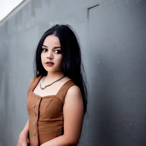 Prompt: girl with black hair and brown eyes, bigger forehead, photo shoot, in a dress