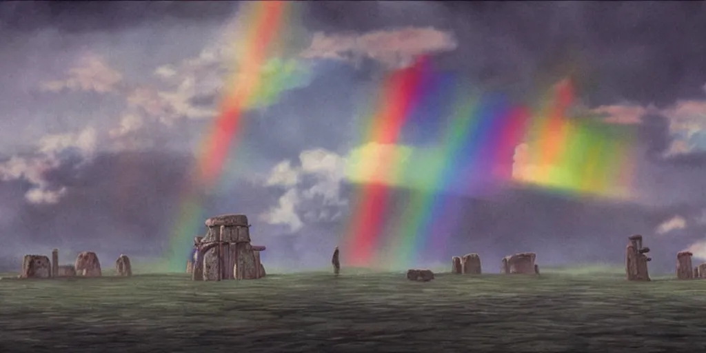 Image similar to a realistic cell - shaded concept art from howl's moving castle ( 2 0 0 4 ) of a rainbow colored cube from close encounters of the third kind ( 1 9 7 7 ) flying over a flooded stonehenge. it is a misty starry night. very dull colors, hd, 4 k, hq