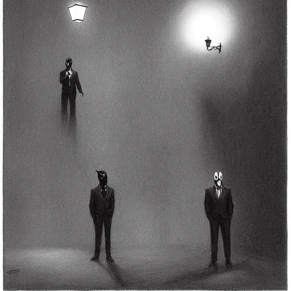 Image similar to a highly detailed portrait of a man wearing a suit and a raven mask standing in the middle of a street illuminated by a lone street lamp, by gerald brom, cinematic lighting, detailed drawing