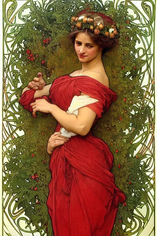 Image similar to realistic art nouveau style detailed portrait of alicia vikander wearing a holly wreath as a crown at christmas by alphonse mucha, william adolphe bouguereau, and donato giancola art nouveau style, red and green christmas colors