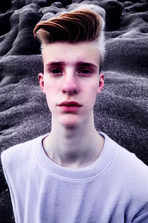 Image similar to high quality pastel coloured film mid angle selfie photograph of a beautiful young 2 0 year old male, soft features, standing in an icelandic black rock environment. atmospheric. three point light. photographic. art directed. ( pastel colours ). volumetric light. stark. waves glitch. 8 k. filmic.