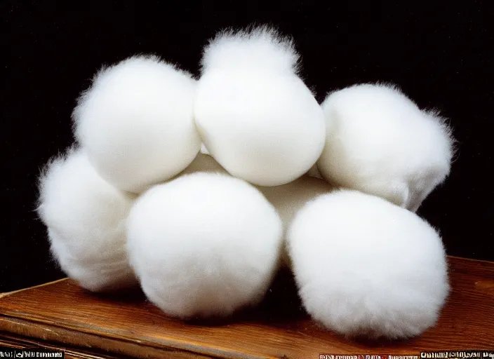 Prompt: realistic photo of the cotton balls of white cotton, furry and hairy museum displays are shiny 1 9 9 0, life magazine reportage photo