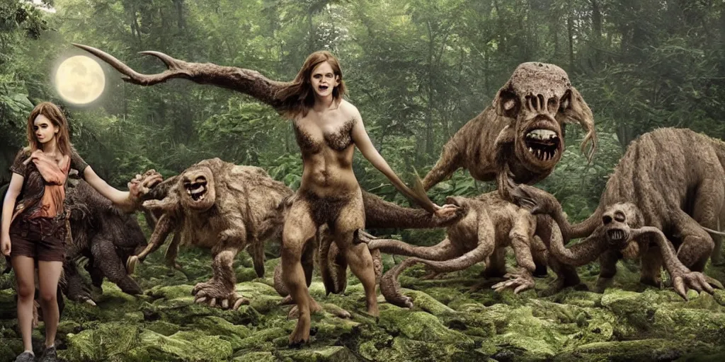 Image similar to photo, hairy fat cave people, emma!! watson!!, looking at camera, surrounded by dinosaurs!, gigantic forest trees, sitting on rocks, bright moon, birthday cake on the ground, front full body view, jelly! monster!