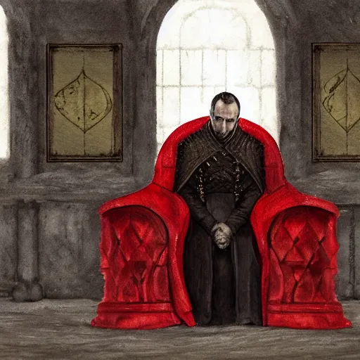 Image similar to Stannis Baratheon sitting on the Iron Throne, jakub rozalski, deviantart, sharp focus, dim lighting