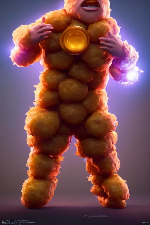 Image similar to channing tatum in a tater tot costume, tater tot face, ef 8 5 mm f 1. 8 usm, bionic scifi alexandre ferra, hyper detailed, digital art, trending in artstation, cinematic lighting, studio quality, smooth render, unreal engine 5 rendered, octane rendered